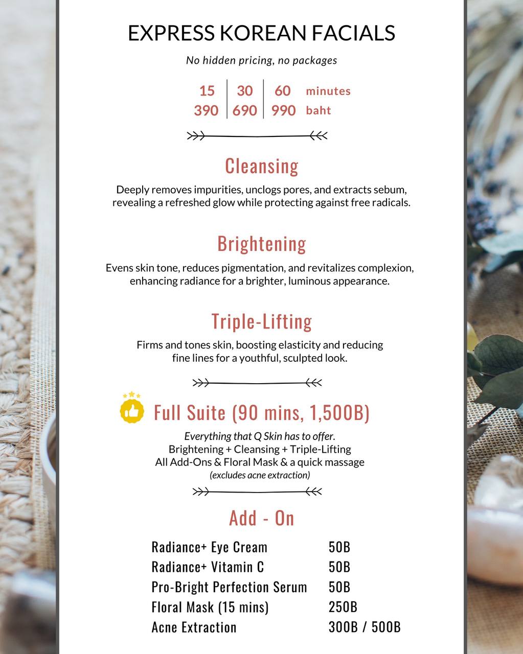 Q Skin English service menu